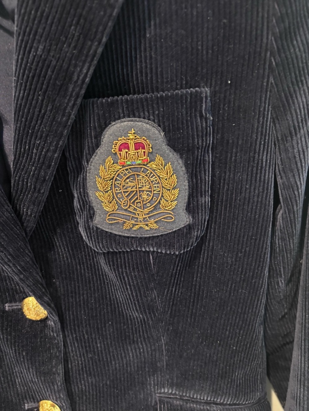 Ralph Lauren Navy Corduroy Blazer with Embroidered Crest - Picture 3 of 4